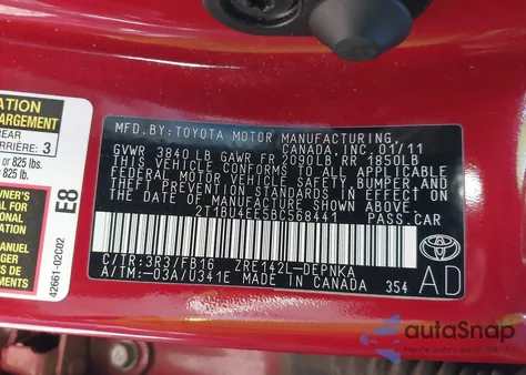 2011 Toyota Corolla Le z USA, uszkodzony, nr VIN 2T1BU4EE5BC568441